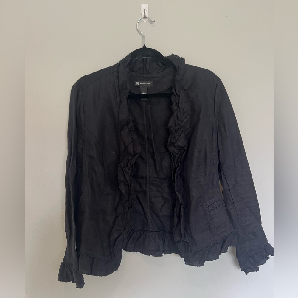 INC International ConceptBlack Linen Jacket Large Ruffle Trim Blazer Lightweight